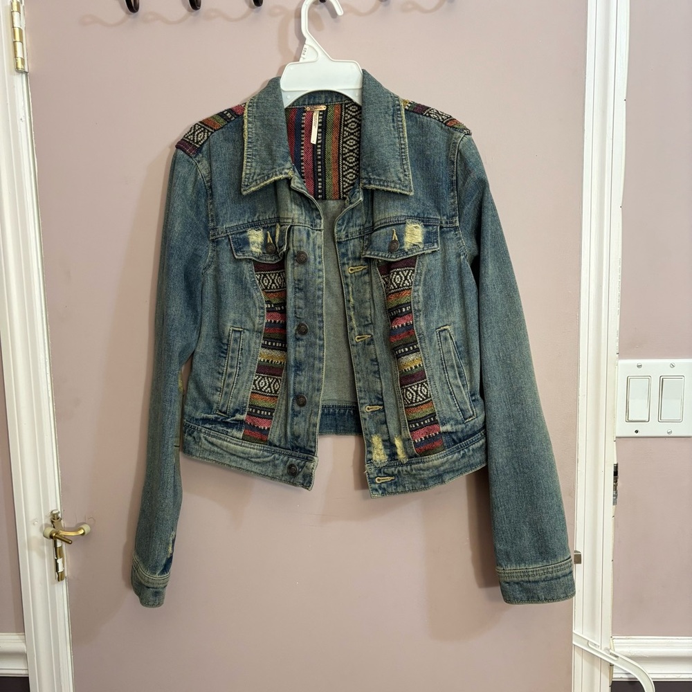 Free People Denim Jacket with Patterned Accents